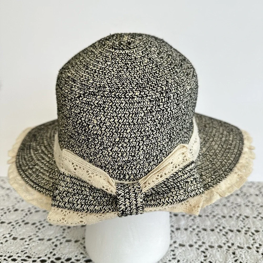 country paper straw hat womens wide brim bow beachy cottage garden‎ lace black